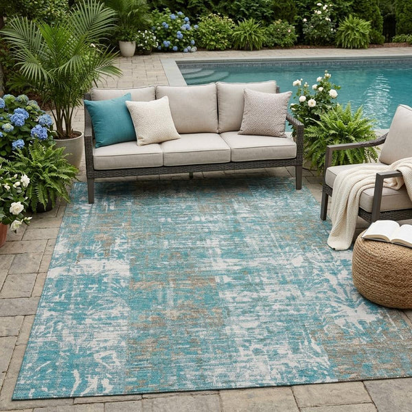 Teal blue and pewter abstract indoor outdoor area rug with distressed pattern