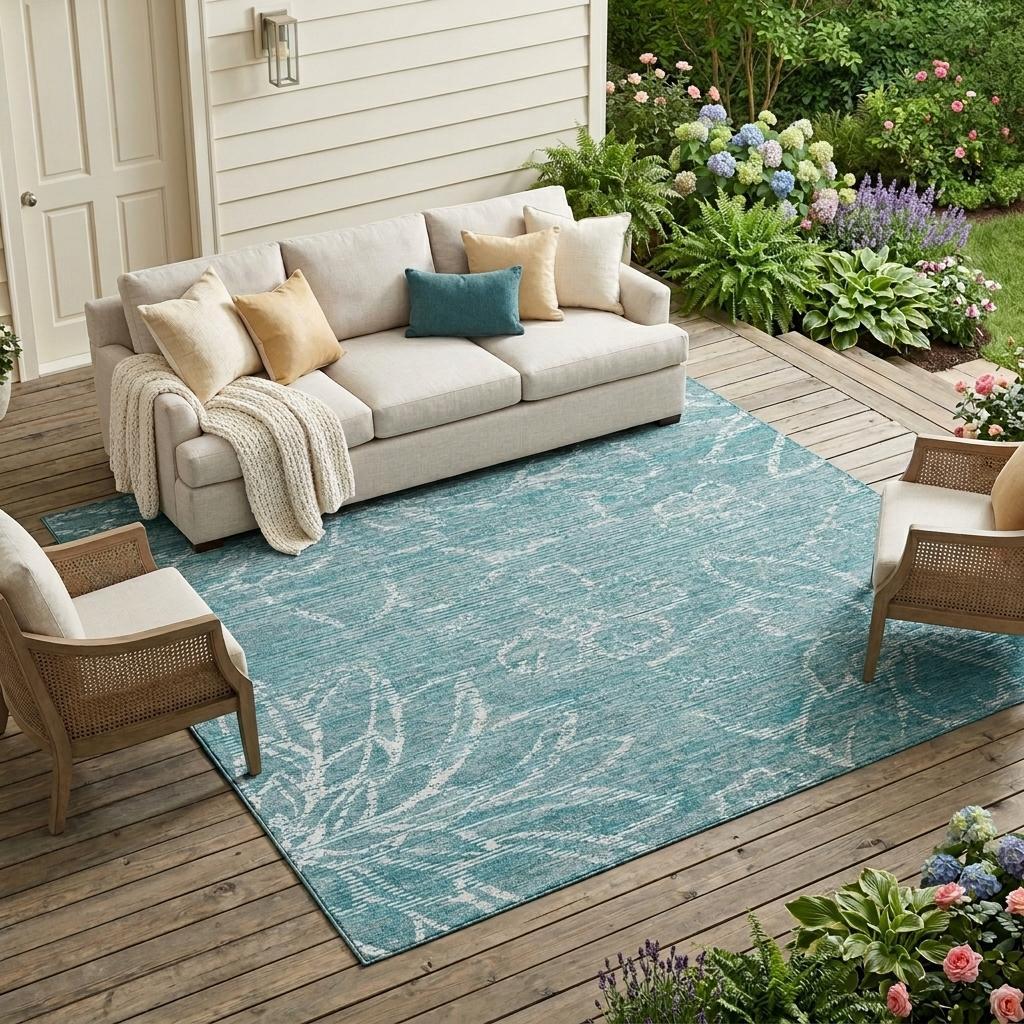 Indoor outdoor area rug, teal blue with white distressed floral pattern