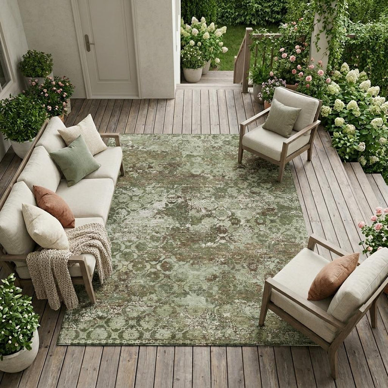 Olive green area rug with distressed floral medallion pattern, flat-woven look.