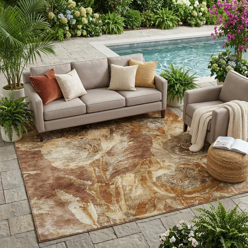 Rectangular outdoor area rug with abstract floral pattern in brown and beige