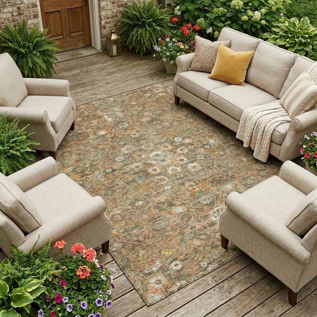 8' X 10' Copper And Orange Floral Medallion Washable Indoor Outdoor Area Rug - Sports & Outdoor