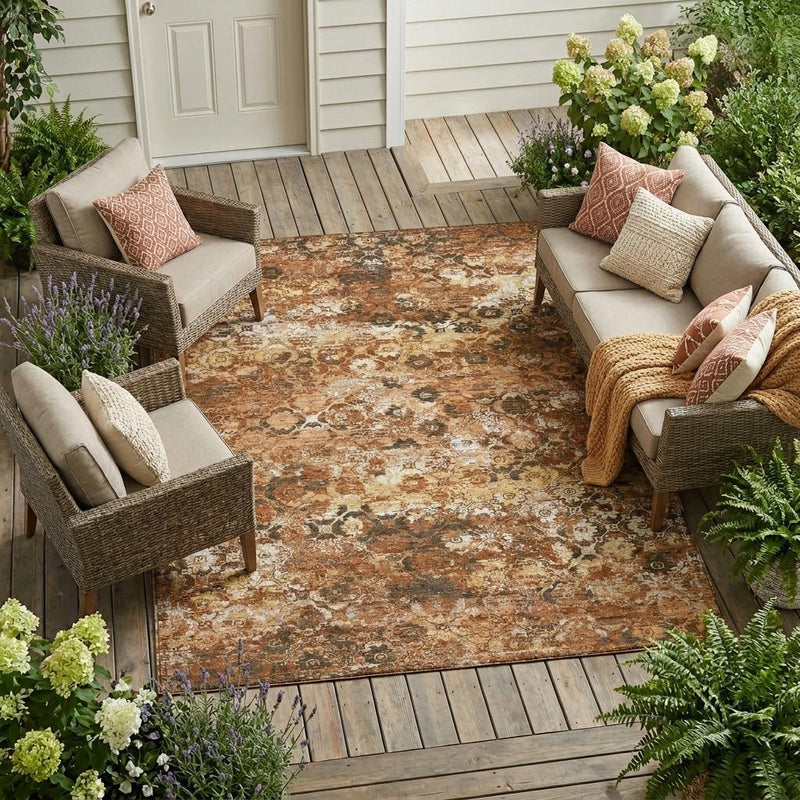 Orange and rust floral medallion area rug with distressed, mottled pattern