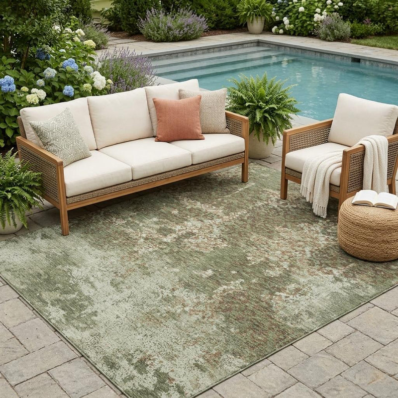 Olive green abstract area rug for indoor or outdoor use on patio with seating