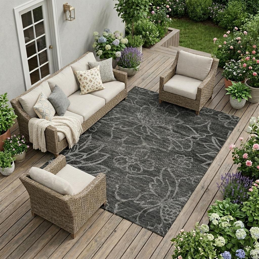 Black and graphite floral indoor/outdoor area rug, 8x10 ft, washable textured weave