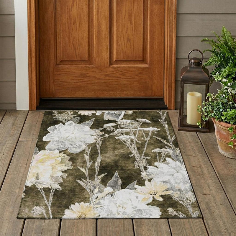Dark brown floral area rug with ivory and white blossoms and stems