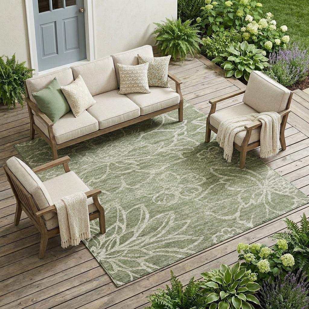 Olive green floral area rug with white botanical pattern for indoor or outdoor use