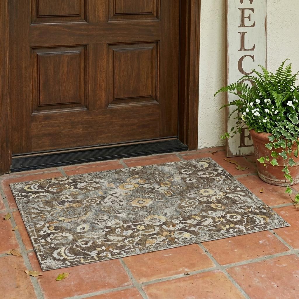 Brown coffee floral area rug, rectangular washable indoor/outdoor 3x5 ft