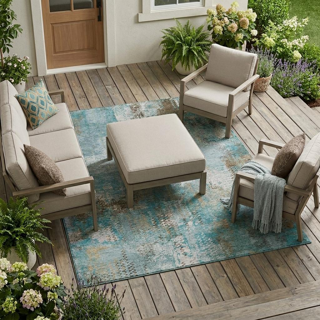 Teal blue abstract outdoor area rug with mottled pewter and cream design