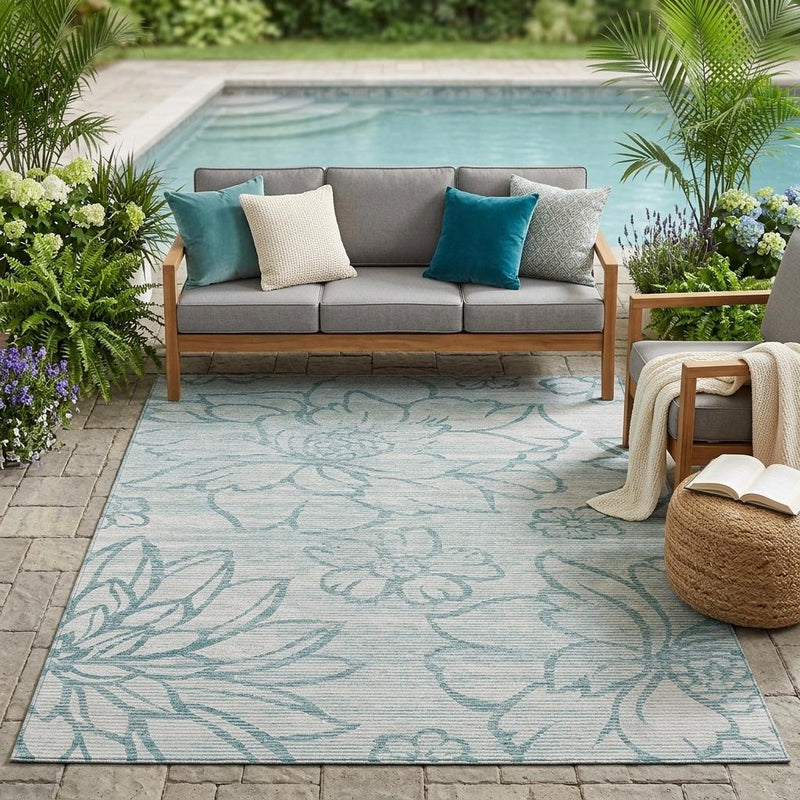 Washable outdoor area rug, light gray with light blue floral medallion pattern