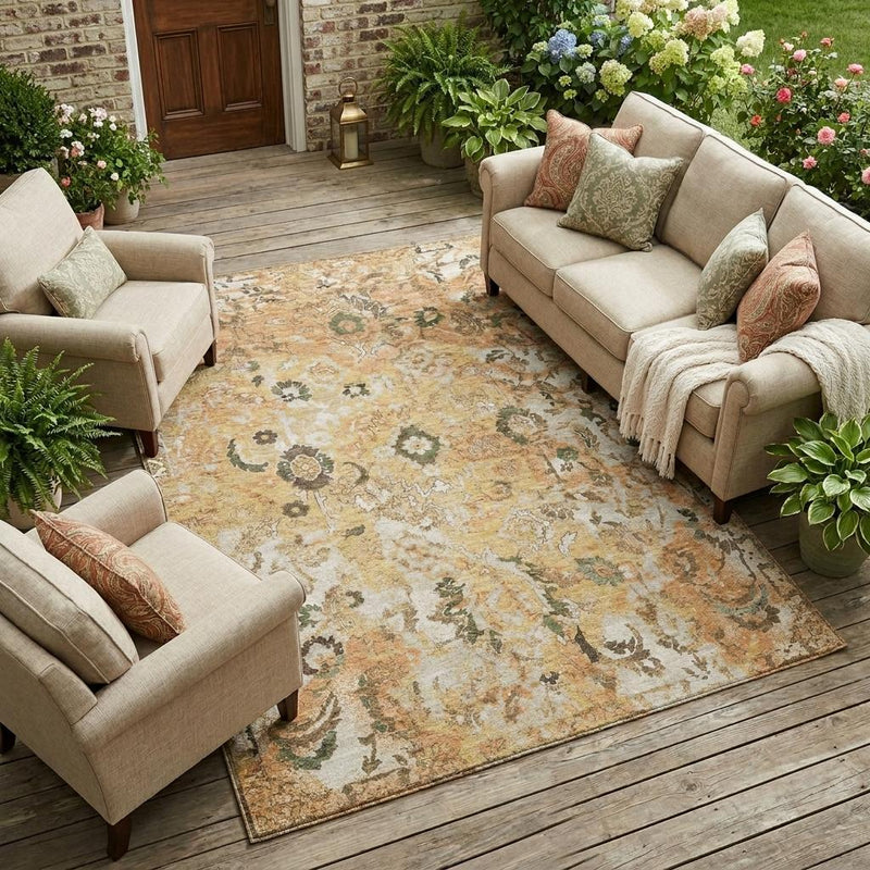 Indoor outdoor floral area rug with copper-orange and cream distressed pattern, flatwoven look