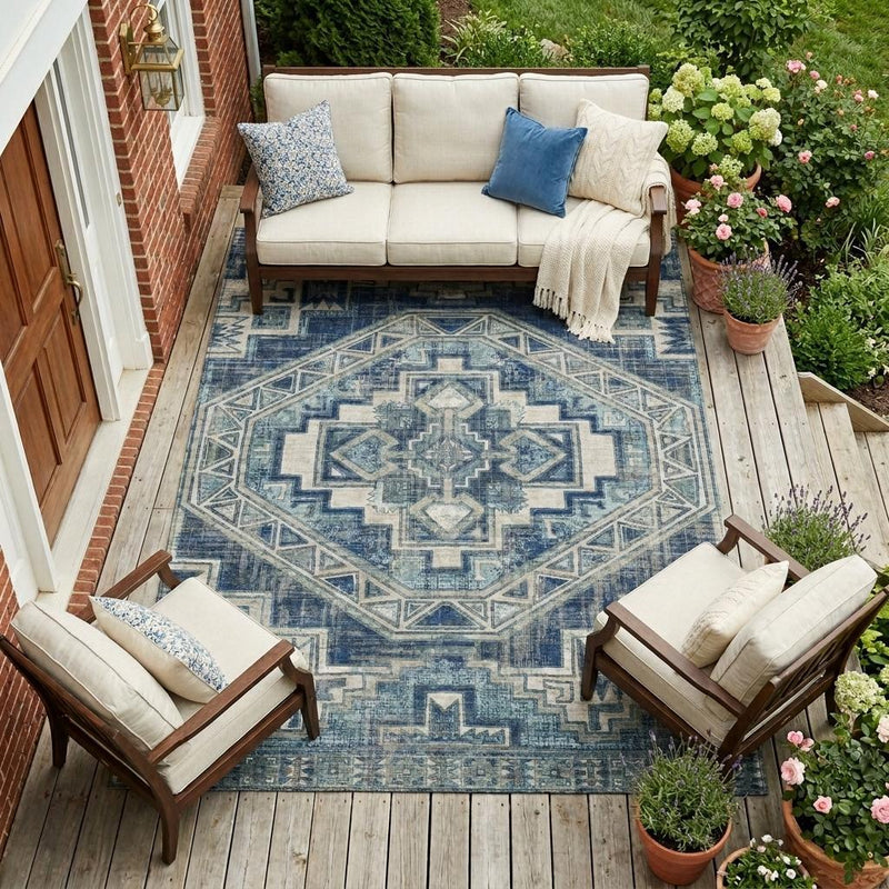 Navy and blue Southwestern area rug with large central medallion and border patterns