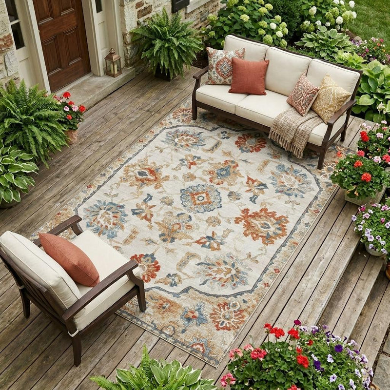 Rectangular ivory floral medallion area rug with blue, rust, and tan pattern