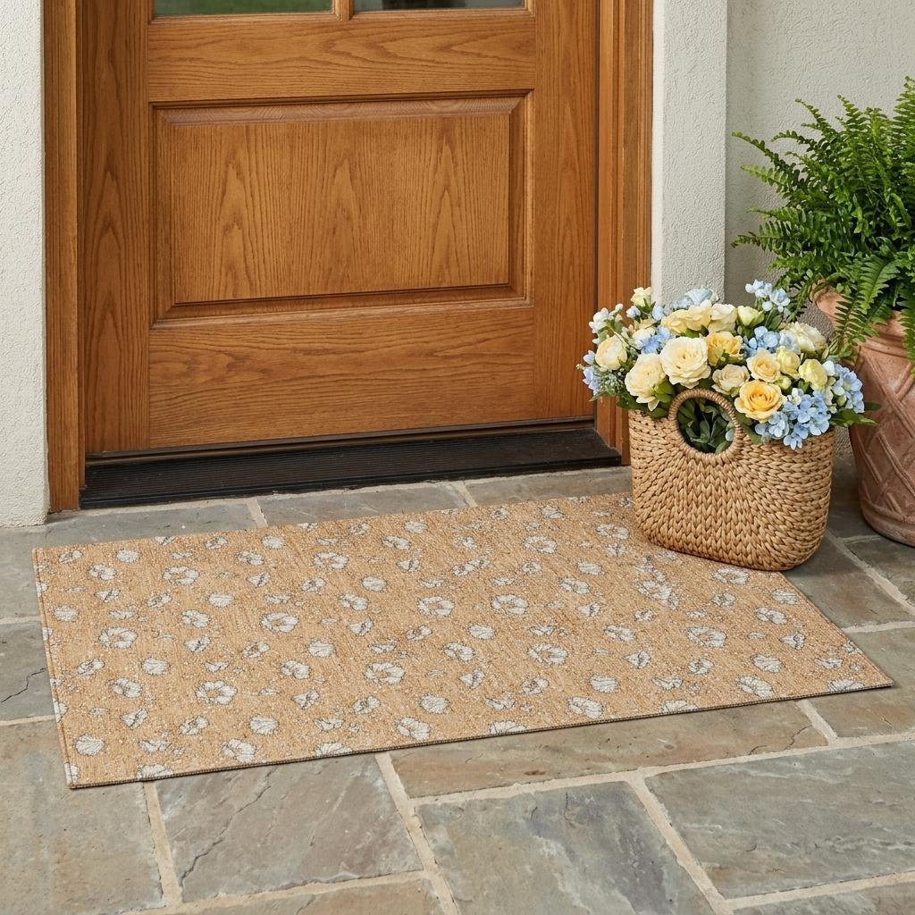 Copper orange floral area rug with light gray blossoms laid on stone tile