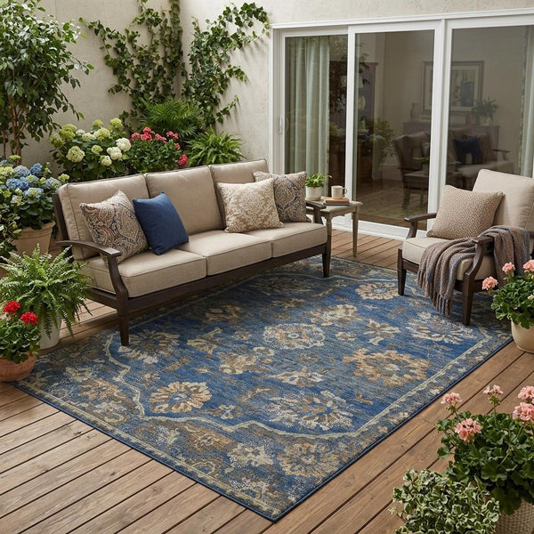 Blue area rug with gold and cream medallion and floral ornamental pattern