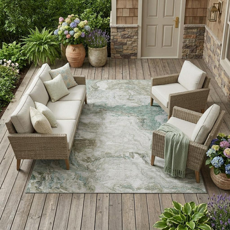 Indoor outdoor area rug with light beige abstract design in sage and teal tones
