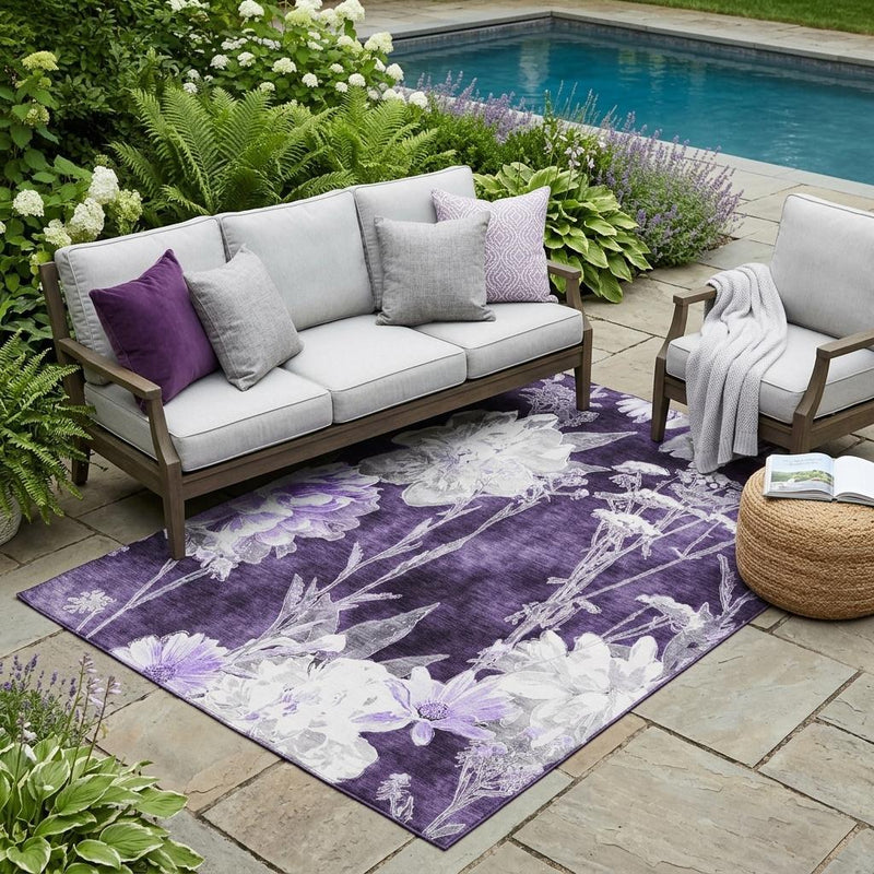 Purple floral area rug with white blossoms for indoor or outdoor spaces