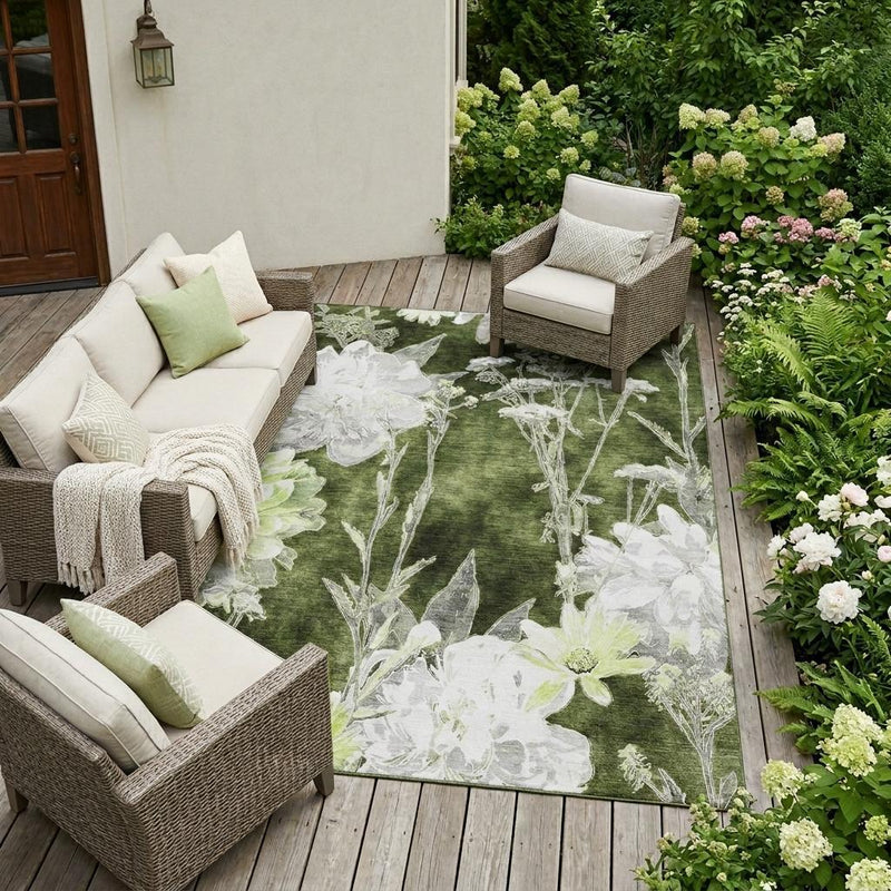 Green floral area rug with white and light-green flowers in an allover print