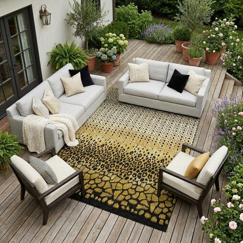 Gold and dark geometric animal print area rug for indoor outdoor spaces