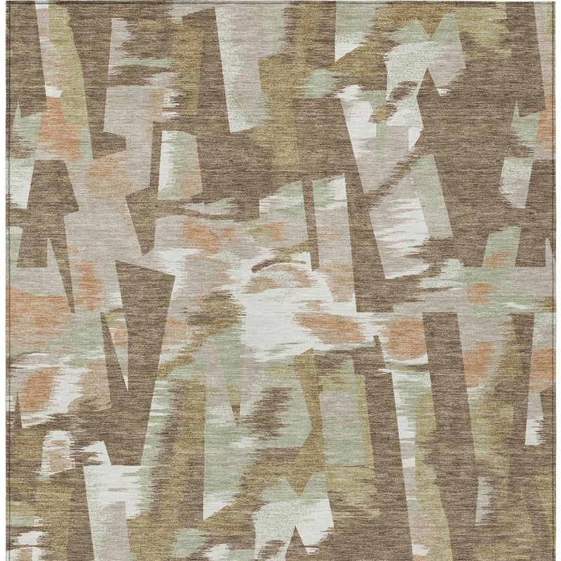 Abstract area rug with tall geometric blocks in beige, brown, and off-white