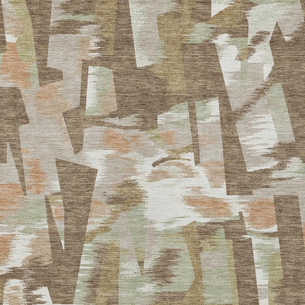 Abstract area rug with geometric block pattern in beige, tan, brown, and white