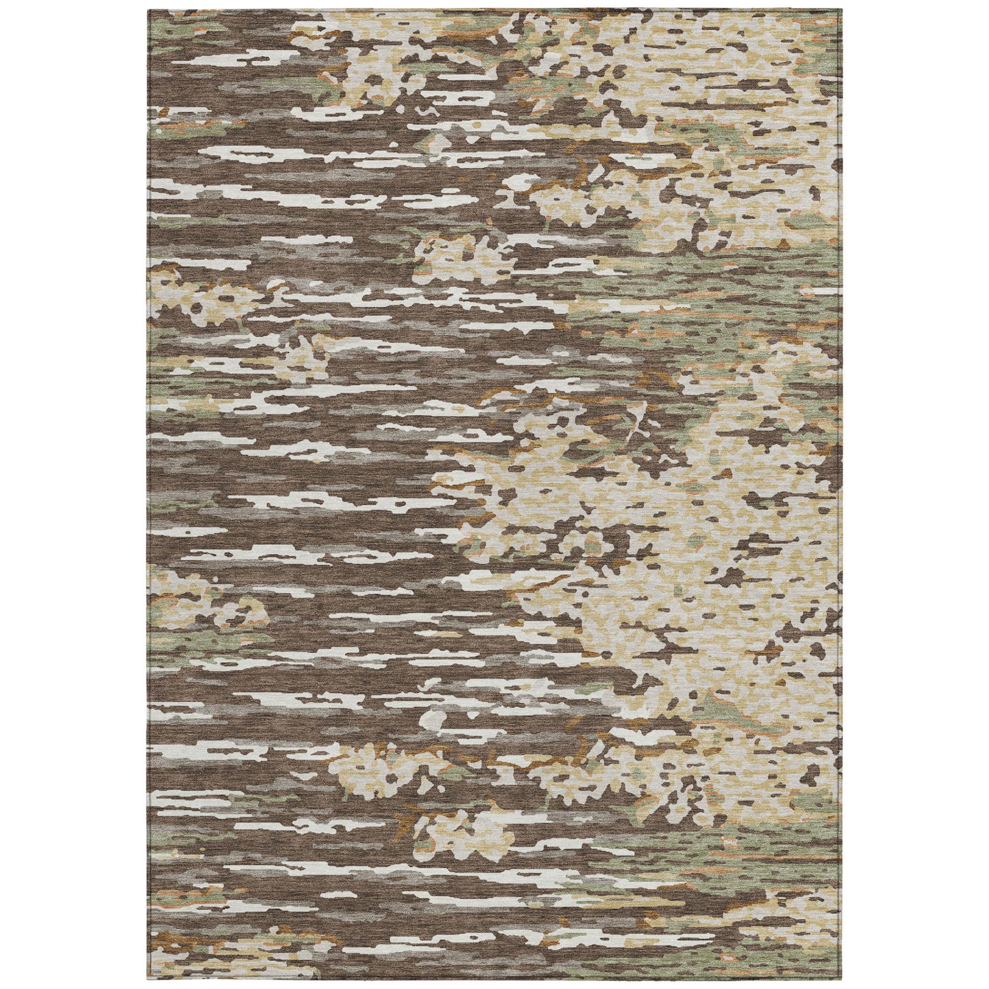 10x14 abstract wash area rug with mottled distressed pattern in cream, brown, and gray, centered.