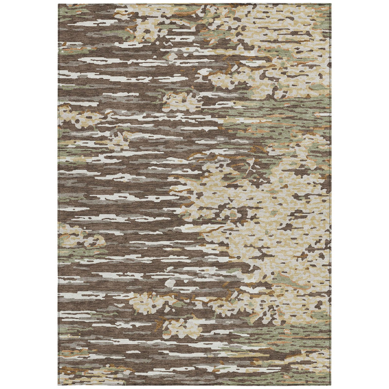 10x14 abstract wash area rug with mottled distressed pattern in cream, brown, and gray, centered.