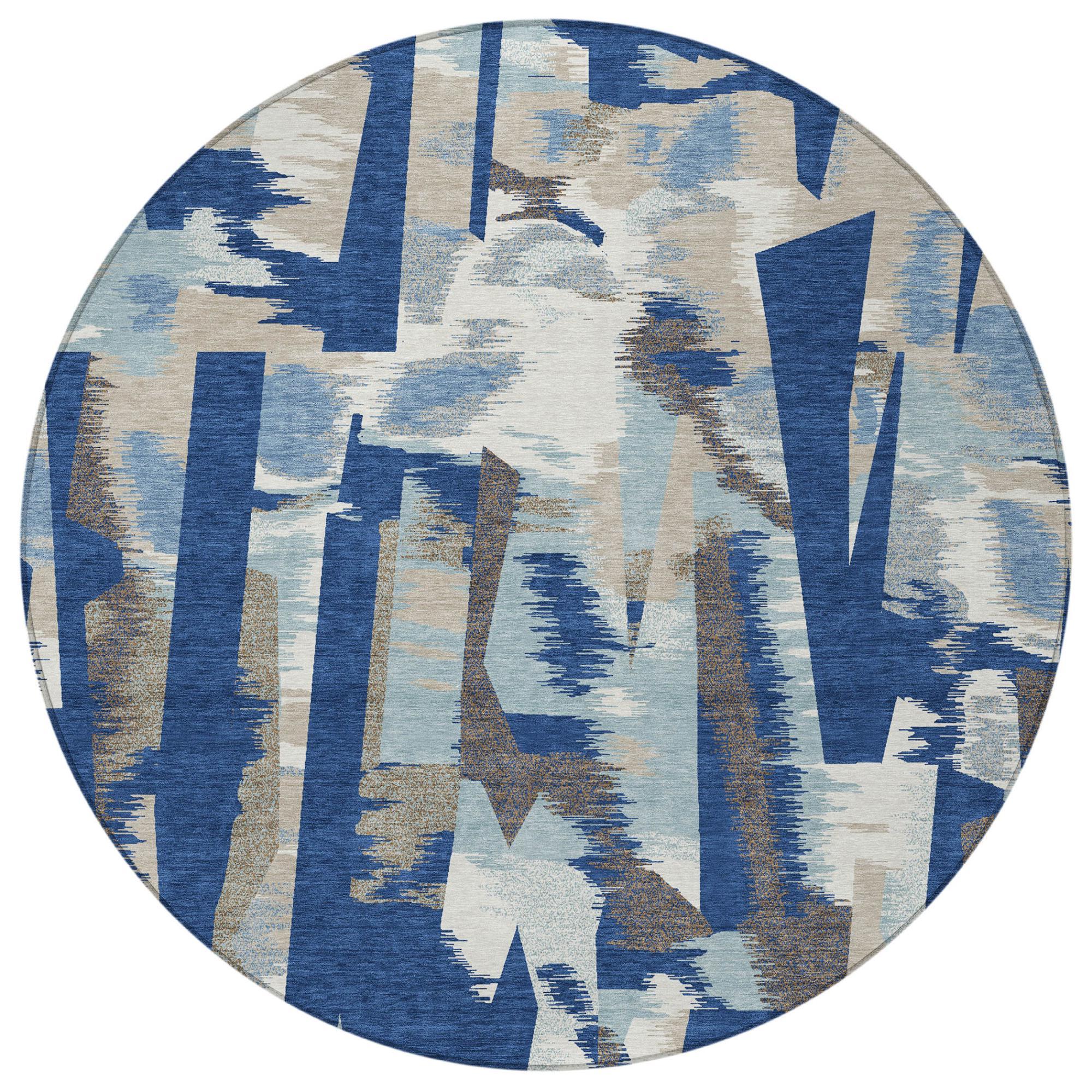 Round abstract area rug in blue with off-white and tan blocky streaks