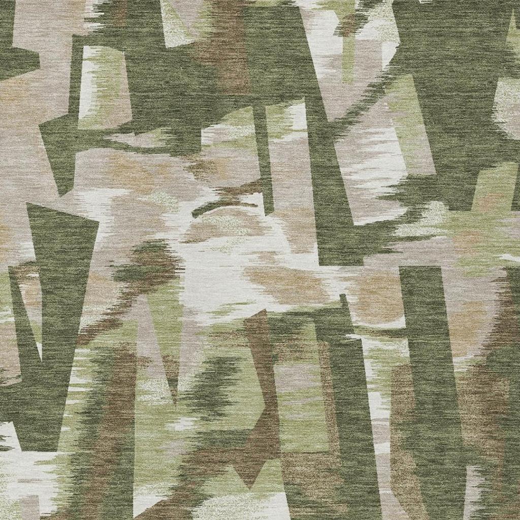 Close-up of olive green and off-white abstract rug pattern with textured blocks