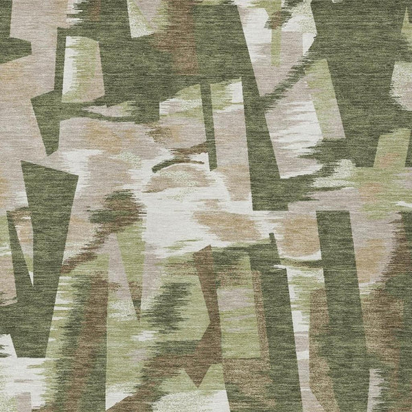 Close-up of olive green and off-white abstract rug pattern with textured blocks
