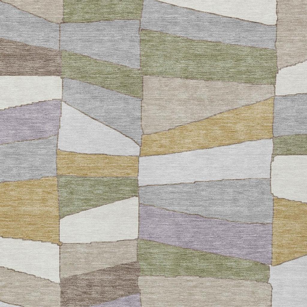 Geometric area rug with blocky cube design in gray, white, olive, and muted purple