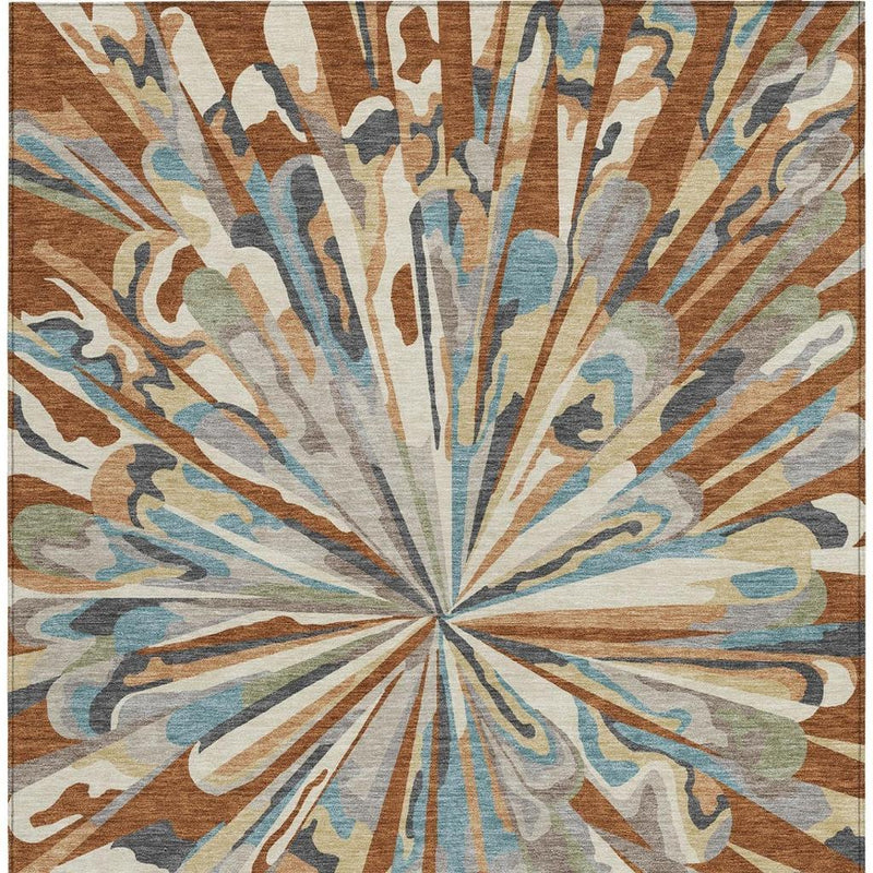 Abstract area rug with sunburst medallion centered, featuring teal, orange, cream, and brown lines
