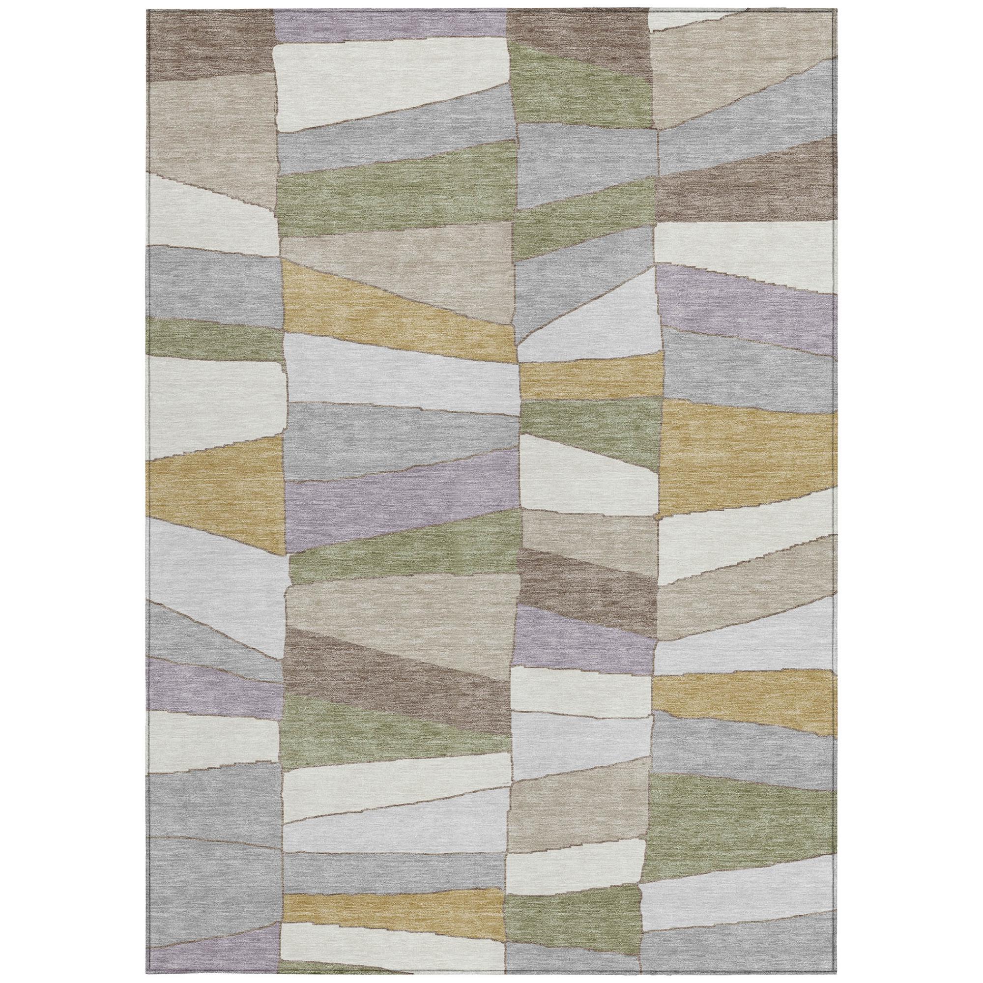 Rectangular geometric area rug with multicolor patchwork cubes in gray, green, and tan