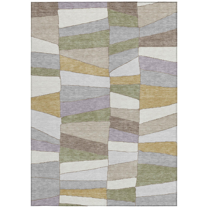 Rectangular geometric area rug with multicolor patchwork cubes in gray, green, and tan