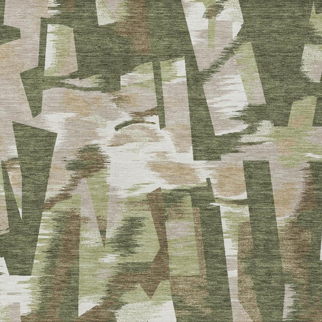 Olive green abstract area rug with cream geometric block pattern, washable indoor outdoor.