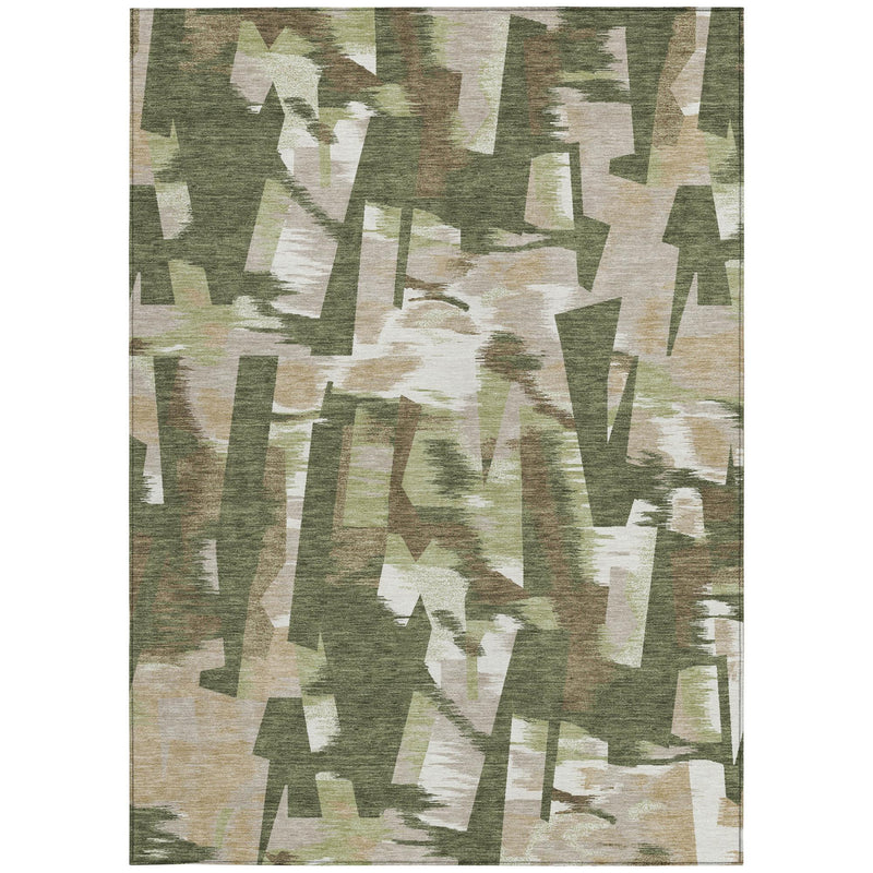 Full view of olive green abstract area rug with scattered cream and tan geometric shapes.