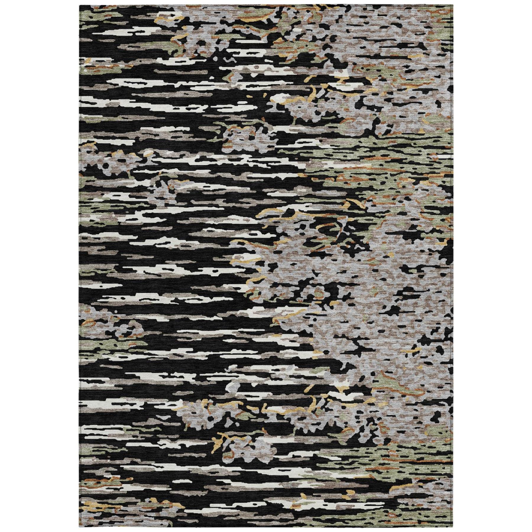 Rectangular abstract area rug in black and graphite with layered distressed stripe pattern