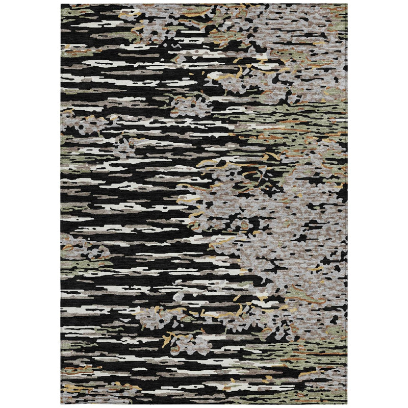 Rectangular abstract area rug in black and graphite with layered distressed stripe pattern