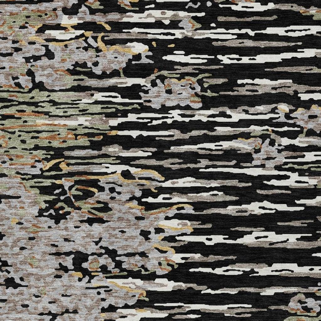 Abstract area rug surface close-up with black and light gray distressed stripes