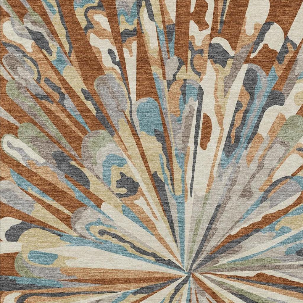 Detailed abstract sunburst rug pattern in teal, orange, and cream with gray and brown lines.