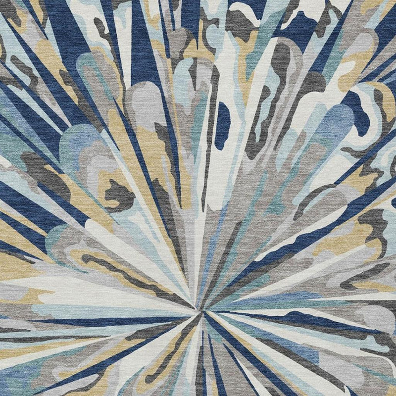 Sunburst abstract rug in navy blue, light blue, and cream with radial center