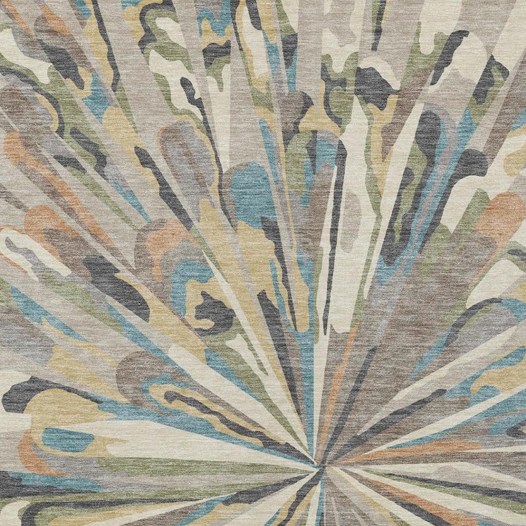 Abstract area rug with beige base and blue, teal, and brown burst rays