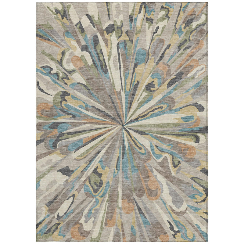 Abstract rectangular area rug with centered burst rays in beige, blue, green, and brown