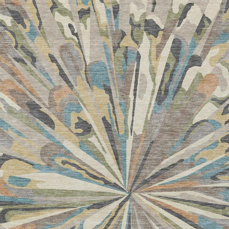 Abstract sunburst area rug with beige, teal, and brown rays radiating from center.