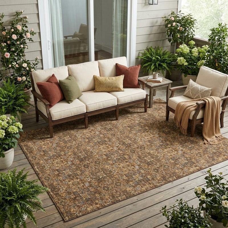 Bordered orange and brown damask indoor outdoor area rug on a wooden deck