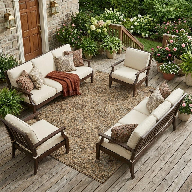 Indoor/outdoor copper and orange damask area rug with beige ground and ornate motifs