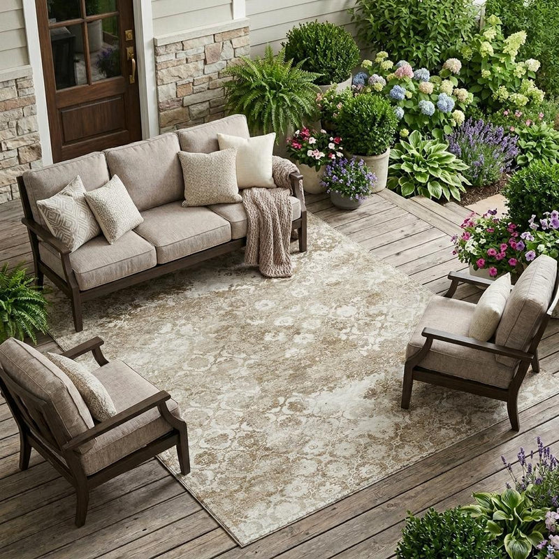 Beige and brown floral medallion indoor/outdoor area rug laid on patio boards