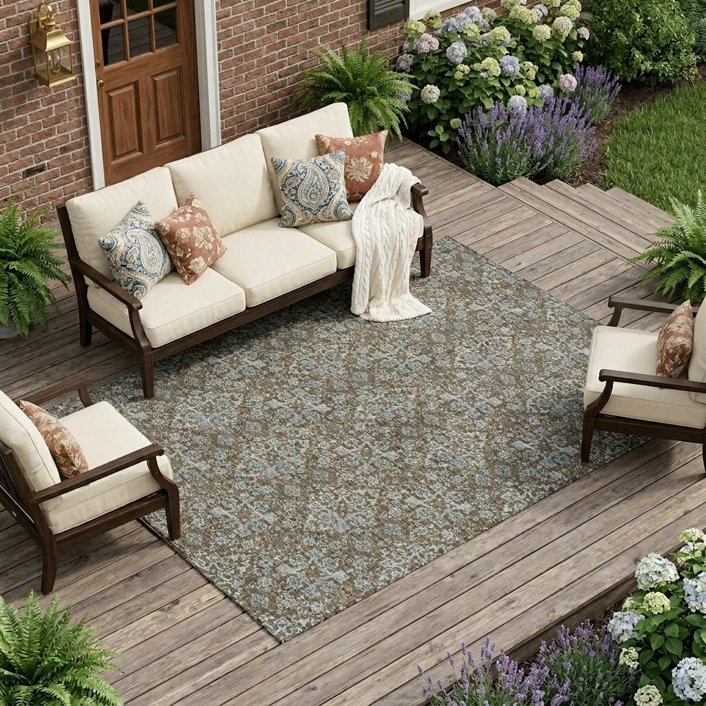 Distressed damask area rug in tan, brown, and teal with an allover pattern