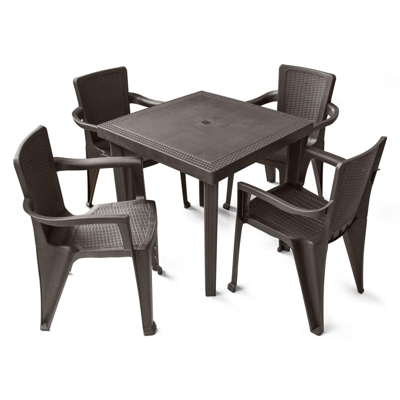 Five-piece brown plastic patio set with corner view: square table and four chairs