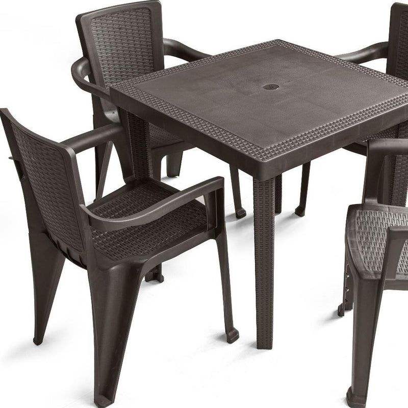 Brown plastic outdoor patio table with four armchairs, 5-piece set
