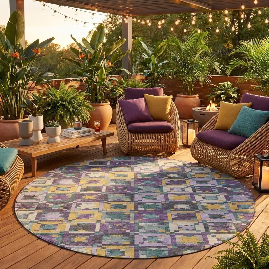 Vibrant round outdoor rug in purple and teal, featuring a geometric pattern, perfect for patio decor with wicker chairs.